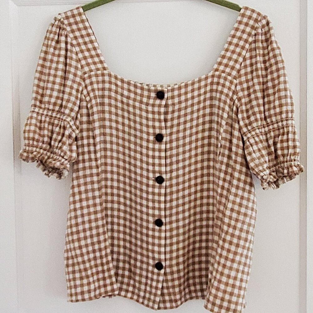 Madewell Linen-Blend Square-Neck Puff-Sleeve Top in Gingham Check, Brown, Size S - Picture 2 of 5